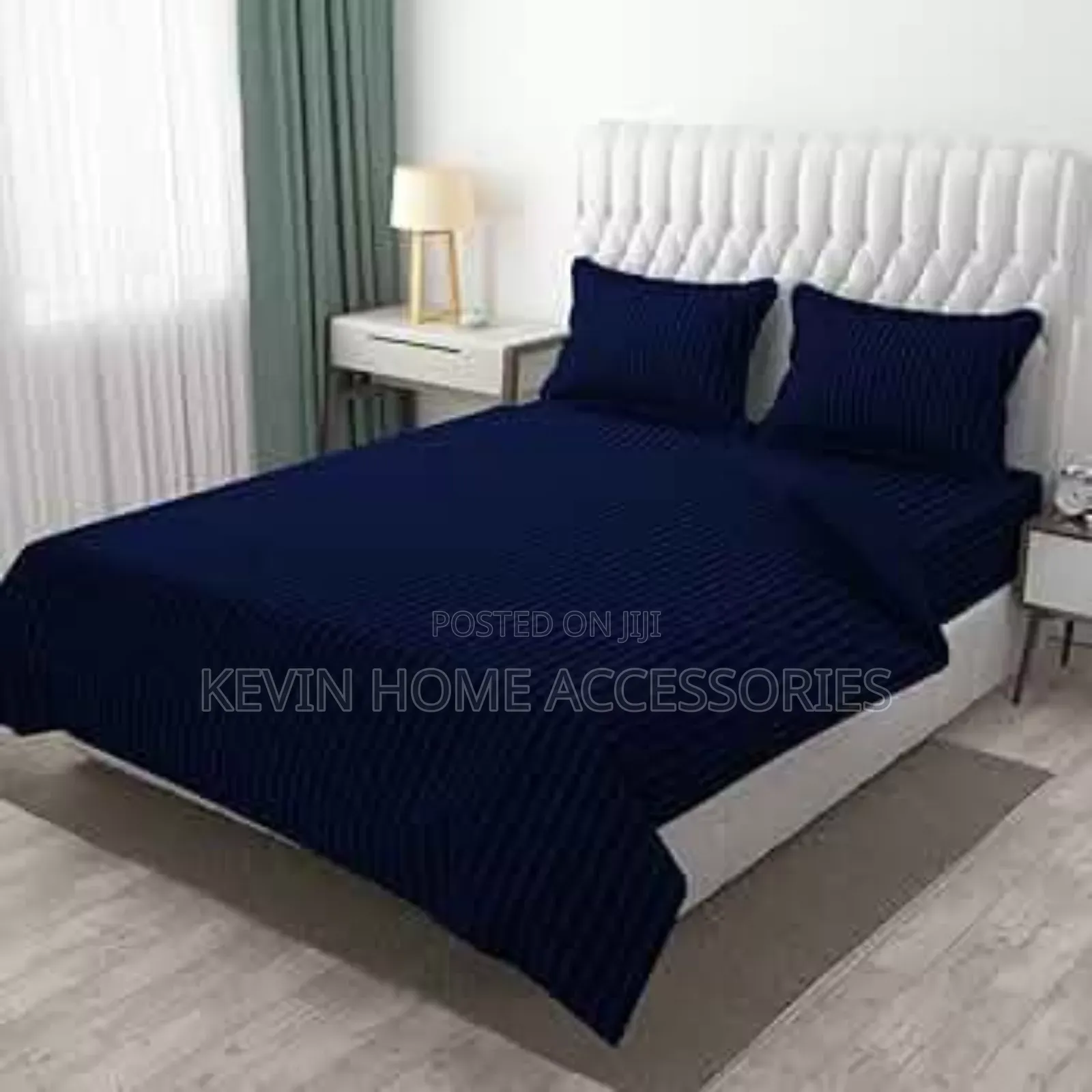 Premium Solid Stripes Bed Sheet Navy Blue
