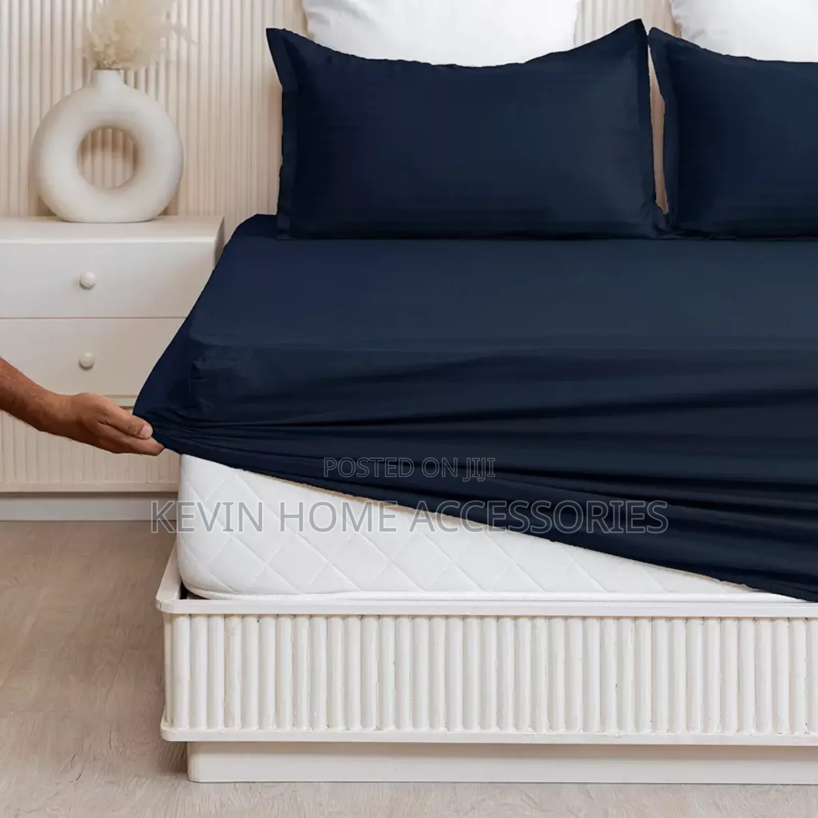 Premium Solid Stripes Bed Sheet Navy Blue