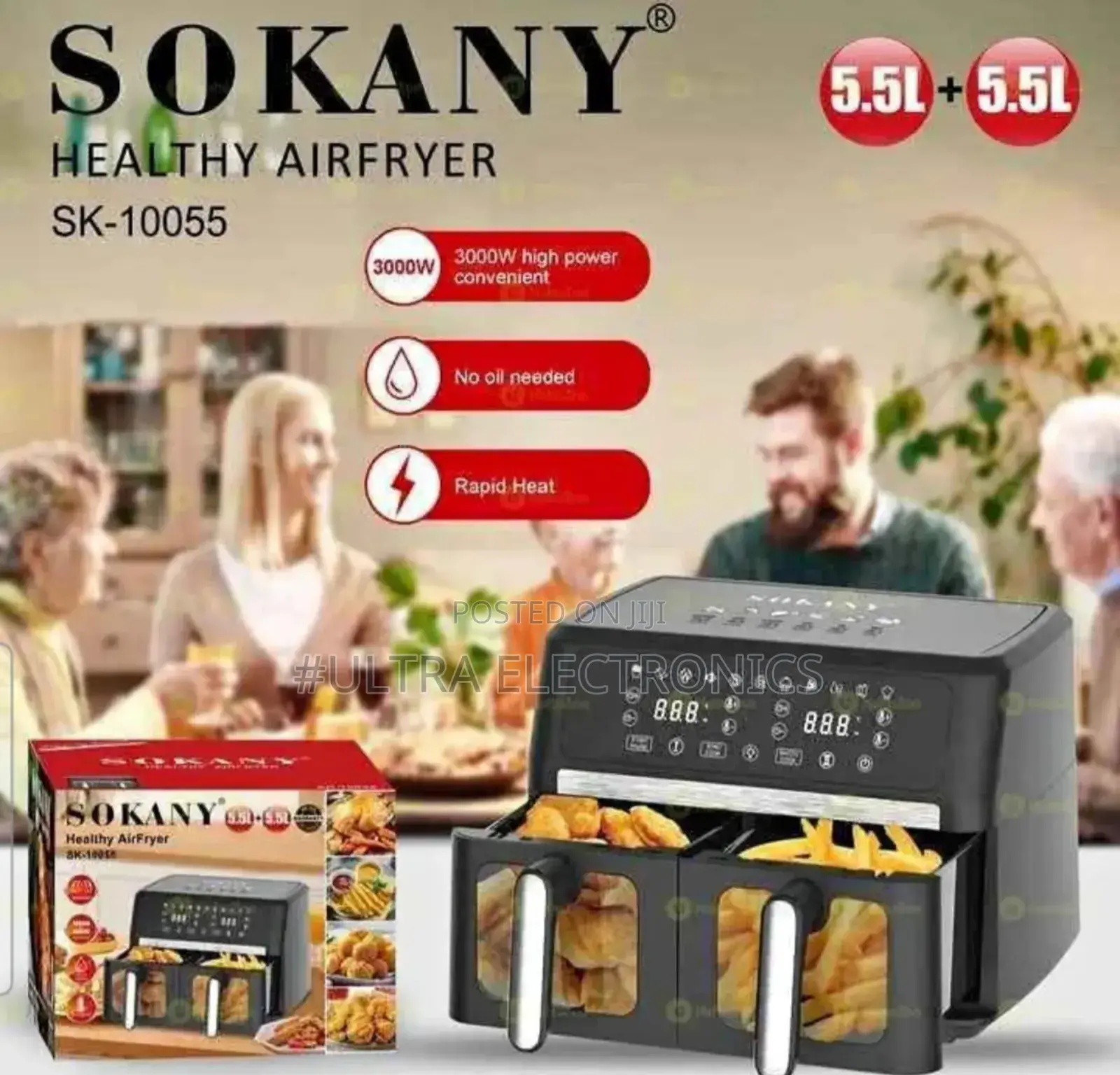 Airfryer Sokany Healthy (Model Capacity of 11 Liters (5.5l + 5.5l).