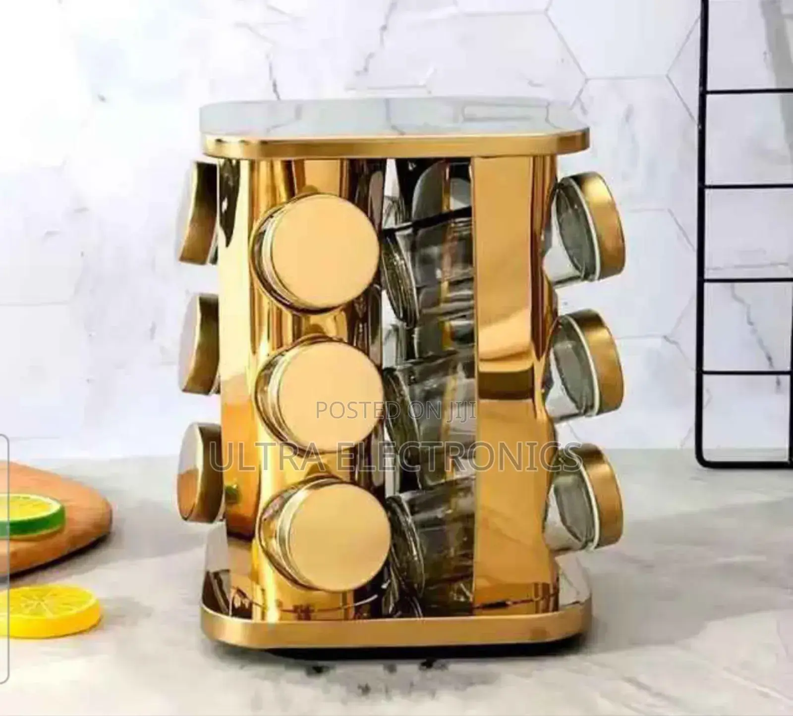 የቅመም ማስቀመጫ Gold-colored 360-degree Rotating Spice Carousel Set