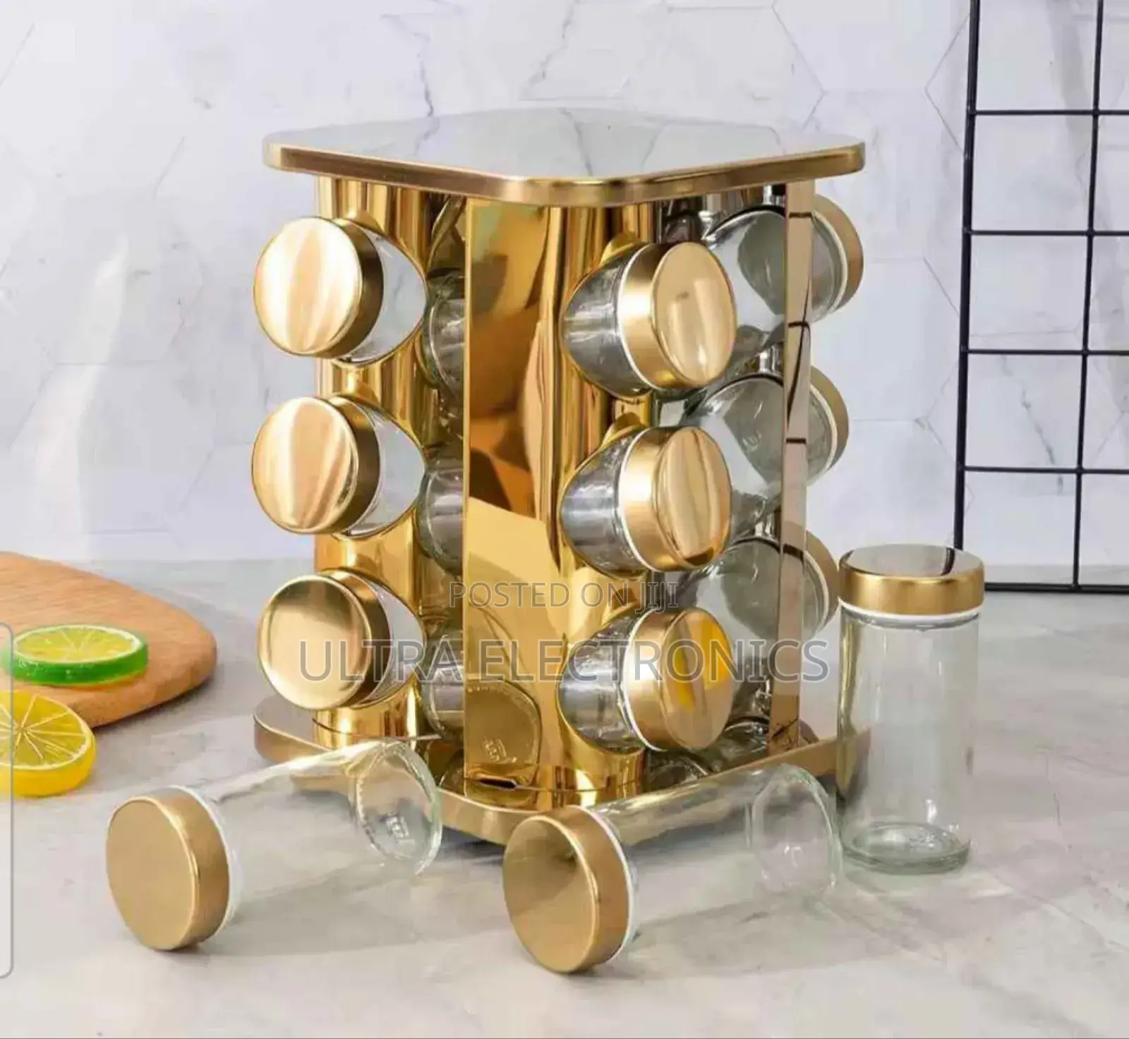 የቅመም ማስቀመጫ Gold-colored 360-degree Rotating Spice Carousel Set