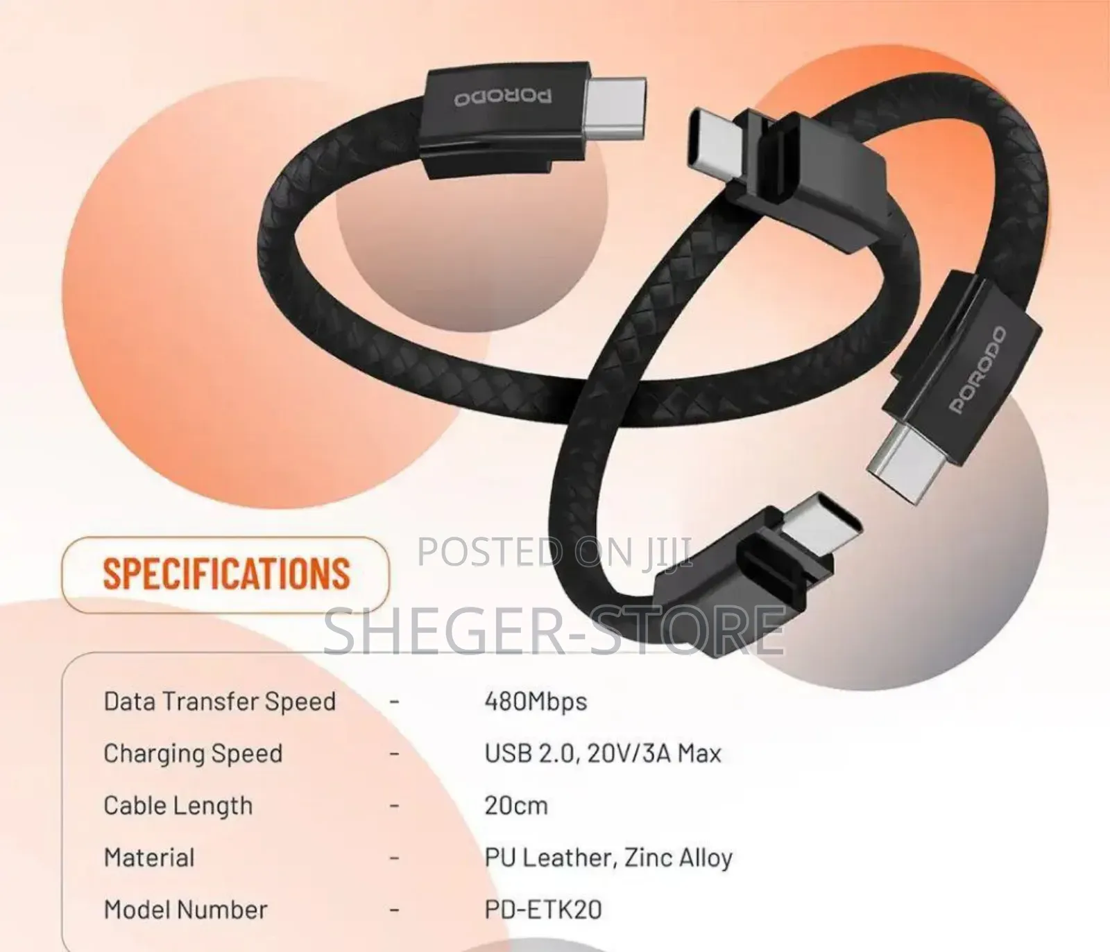 Brand New Wearable Design Porodo Usb-C to Usb-C Wristband Cable