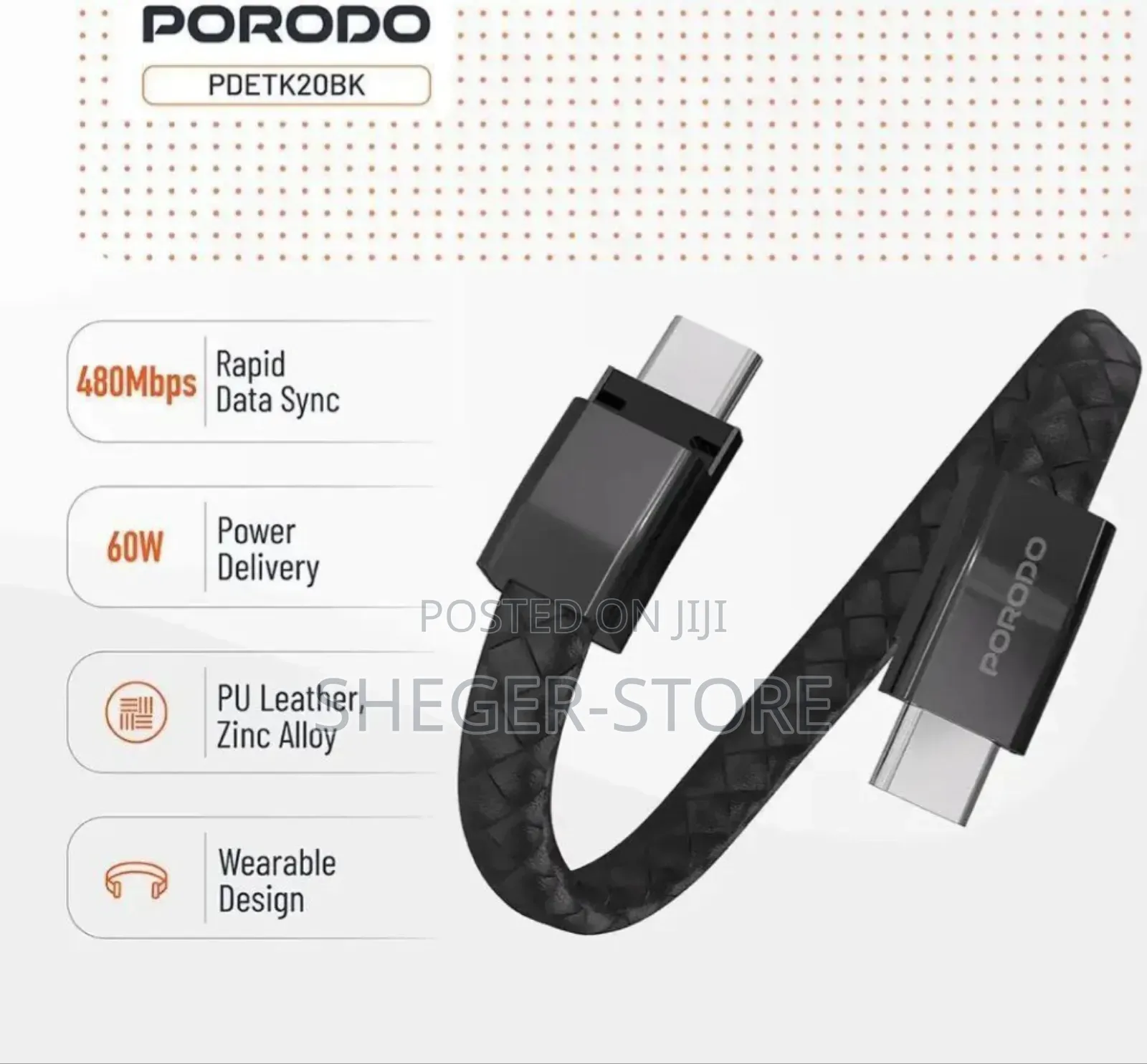 Brand New Wearable Design Porodo Usb-C to Usb-C Wristband Cable