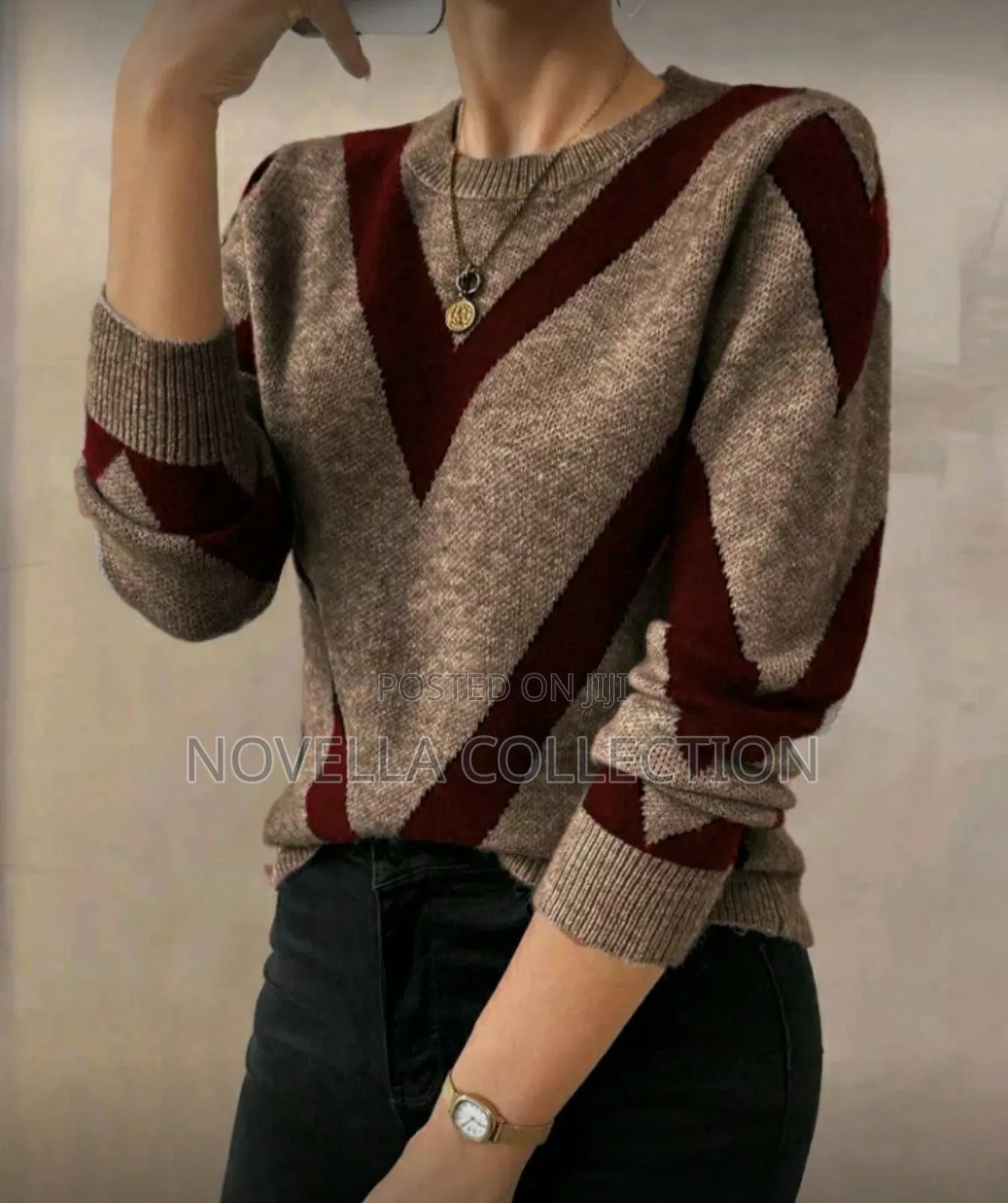 Geometric Striped Pullover Sweater Fall Cloth for Women Brown Striped