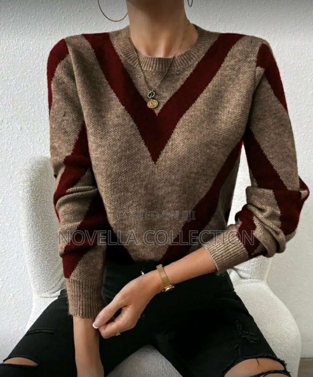 Geometric Striped Pullover Sweater Fall Cloth for Women Brown Striped