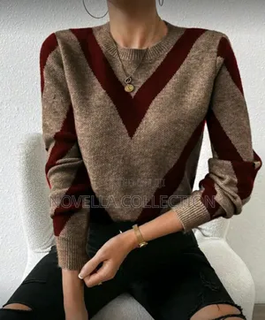 Geometric Striped Pullover Sweater Fall Cloth for Women Brown Striped