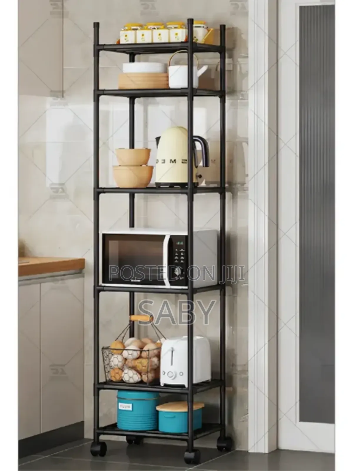 Black Metal 6-Tier Rolling Storage Shelf