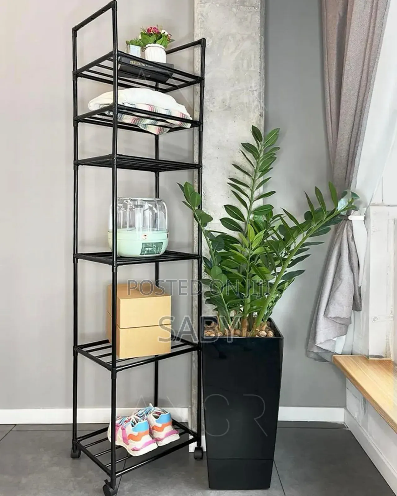 Black Metal 6-Tier Rolling Storage Shelf