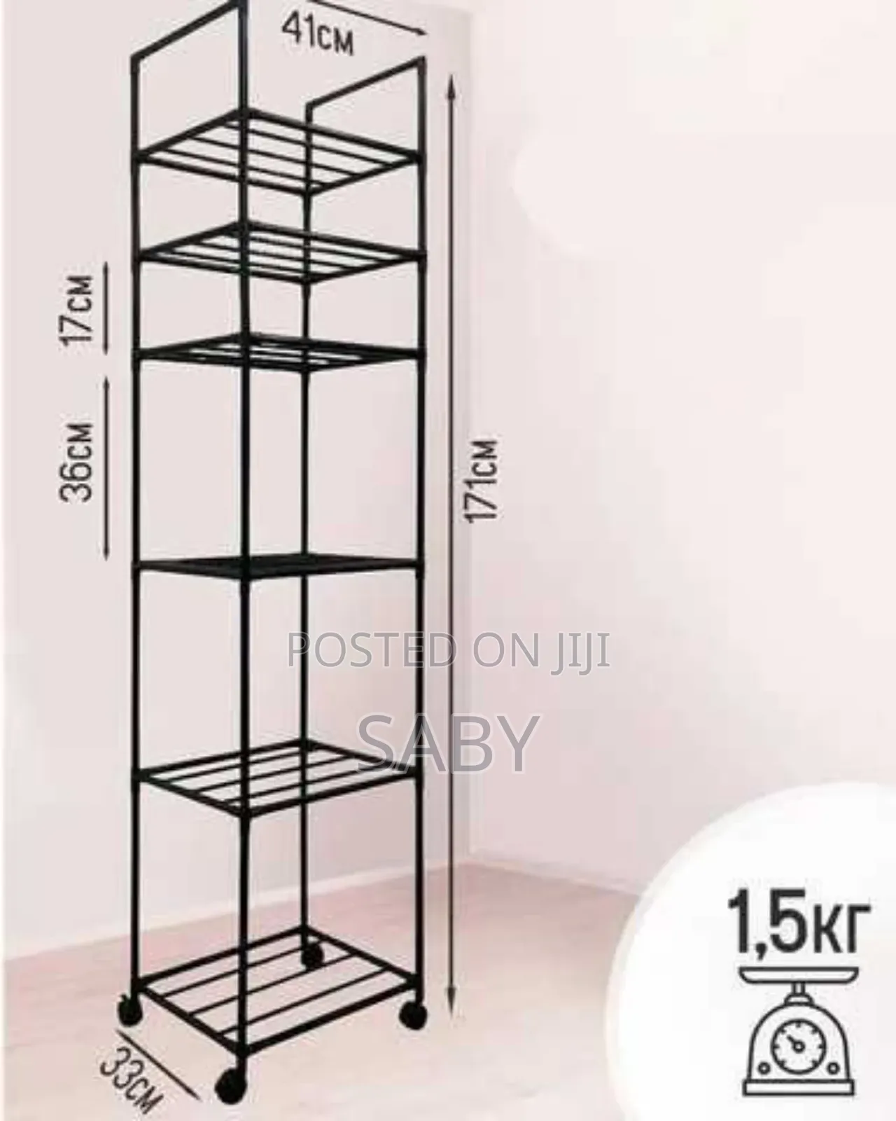 Black Metal 6-Tier Rolling Storage Shelf