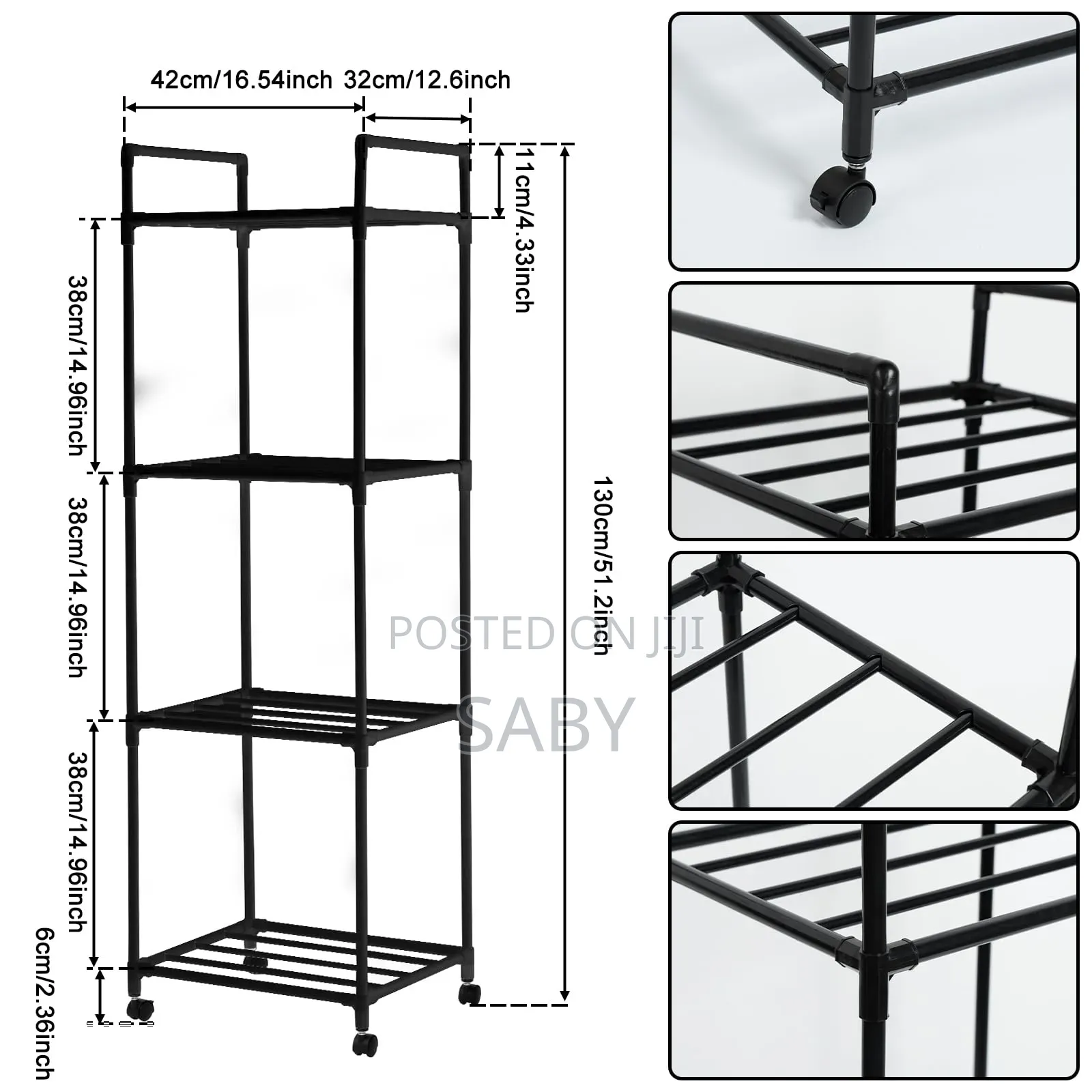 Black Metal 6-Tier Rolling Storage Shelf