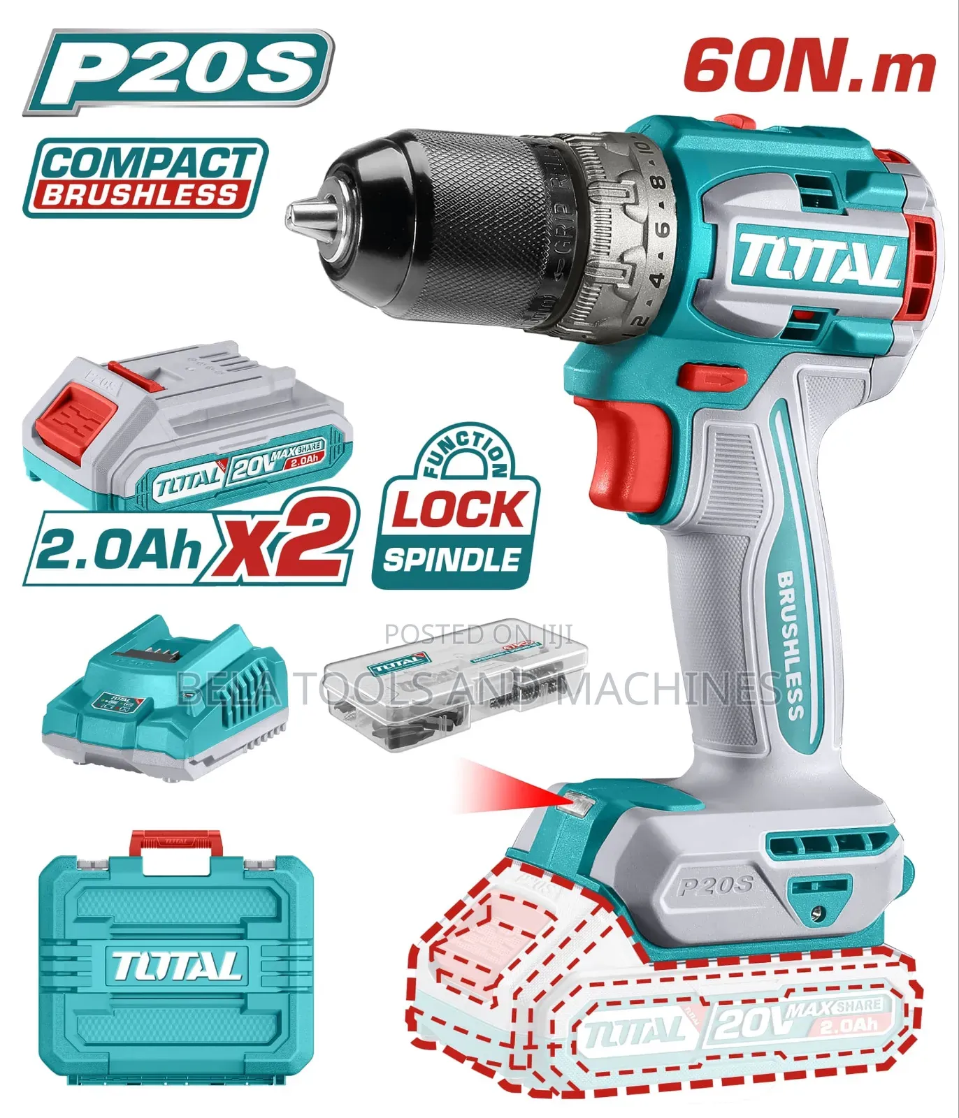 Total Compact Brushless Cordless Drill 20v Chargeable Impact Drill