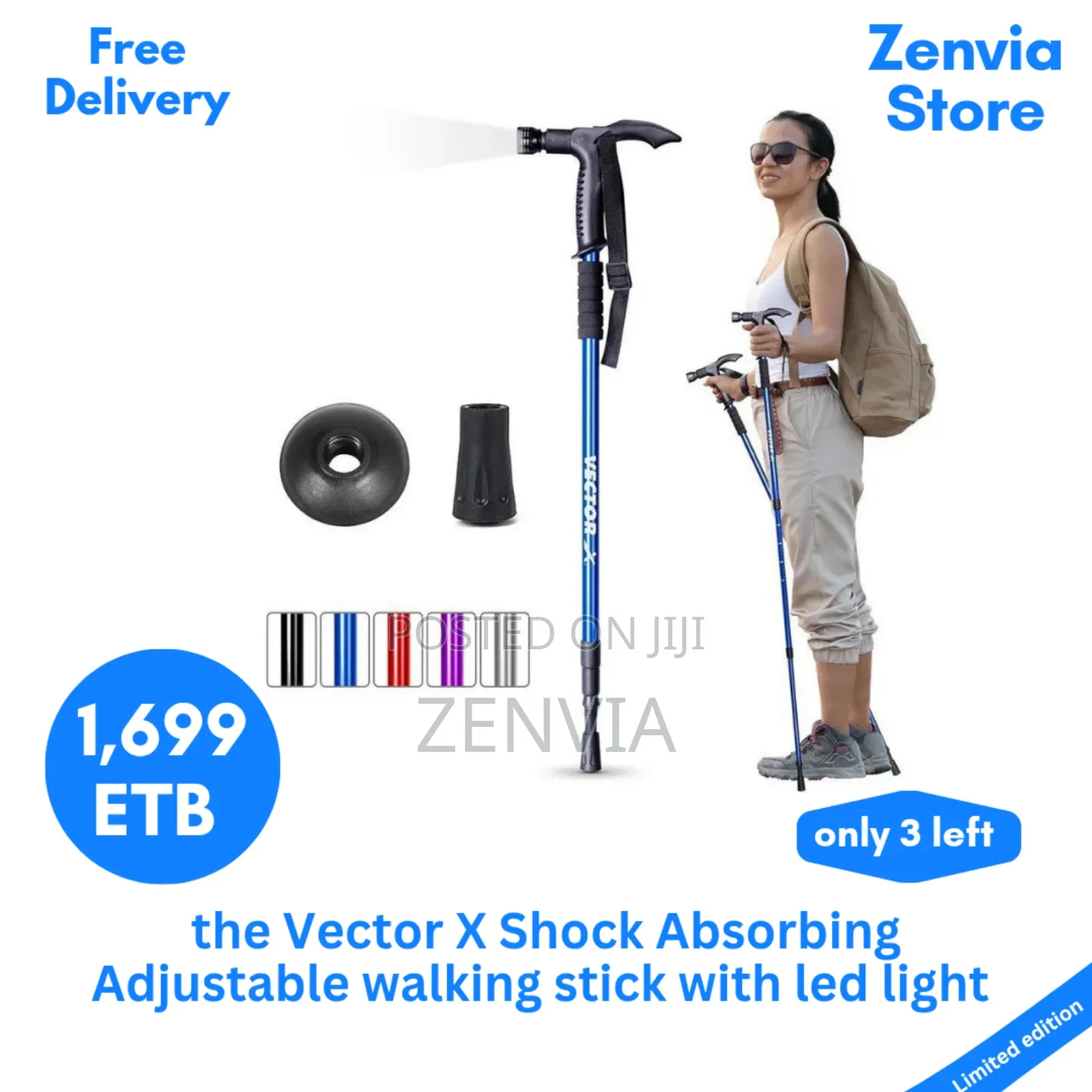 The Vector X Shock Absorbing Adjustable Walking Stick With Led Light