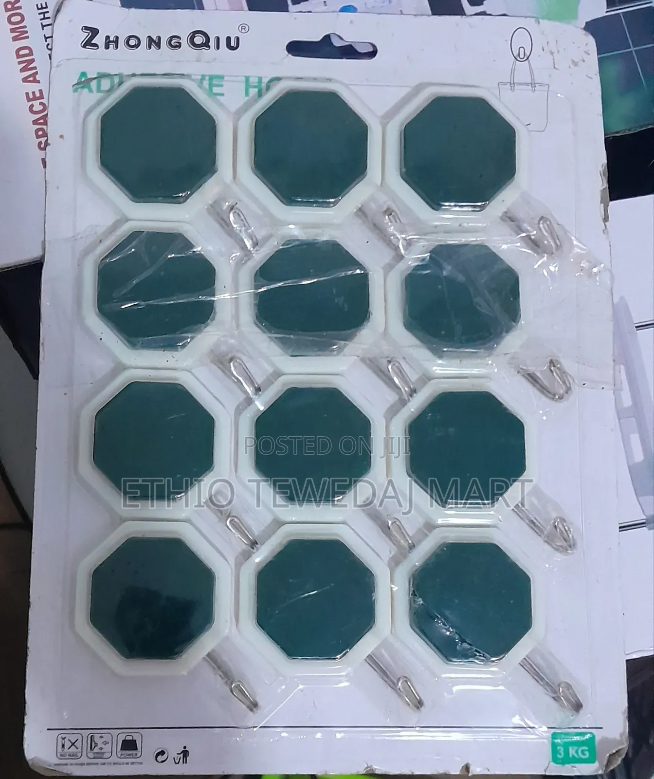 Plastic Stainless Steel Hexagon Adhesive Hook Set , 12 PCS