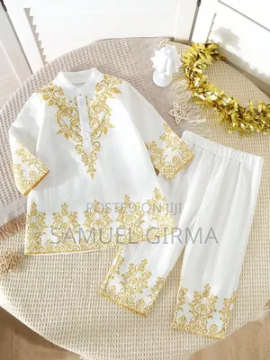 Mk- 0786 Toddler Boys Golden Print Long Robe Collar Shirt and Pant Set