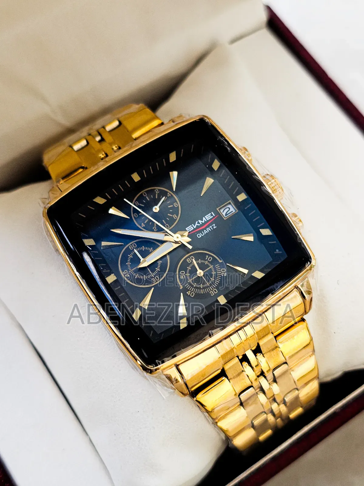 Gold-Toned Skmei Square Chronograph Watch Designed