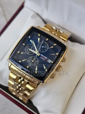 Skmei 2434 Square Chronograph Watch, Featuring a Gold-Toned Band,