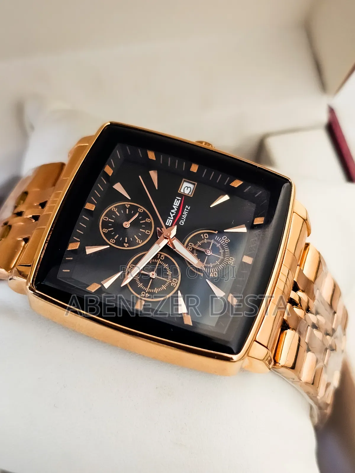 Skmei 2434 Square Chronograph Watch, Featuring a Gold-Toned Band,