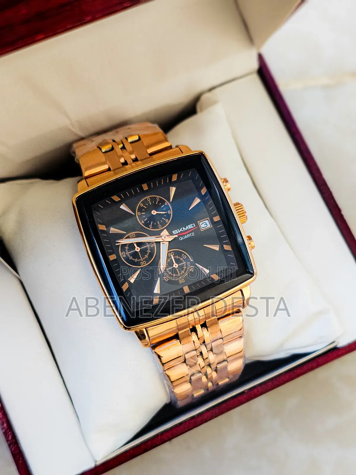 Skmei 2434 Square Chronograph Watch, Featuring a Gold-Toned Band,