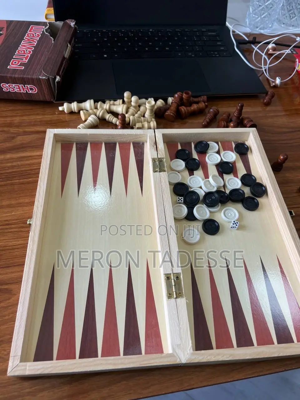 3in1 Wooden Game Set Chess+ Checkers + Backgammon ቼዝ + ዳማ +ባክጋመን