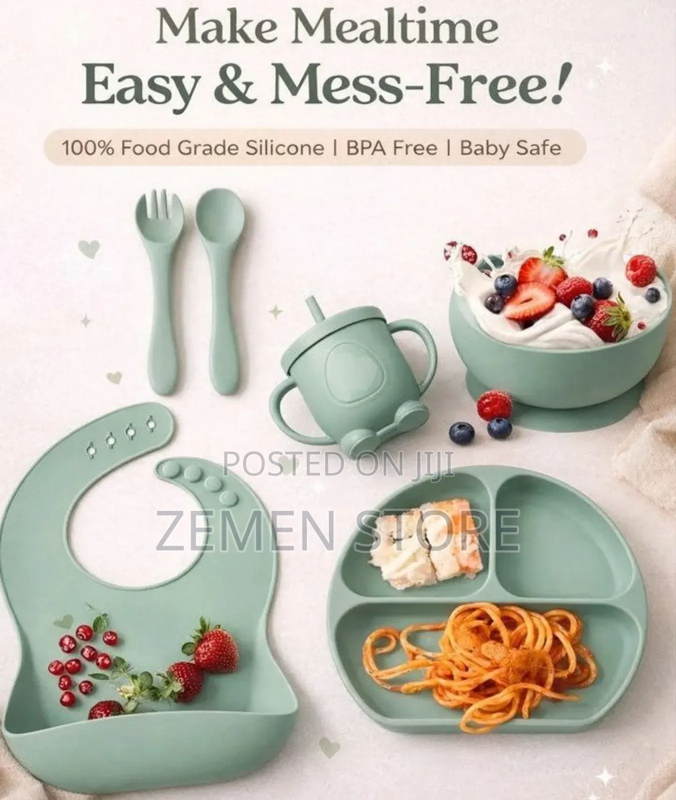Silicone Baby Feeding Set - ጠረጴዛ ላይ የሚጣበቅና የማይሰበር የልጆች የምግብ እቃ