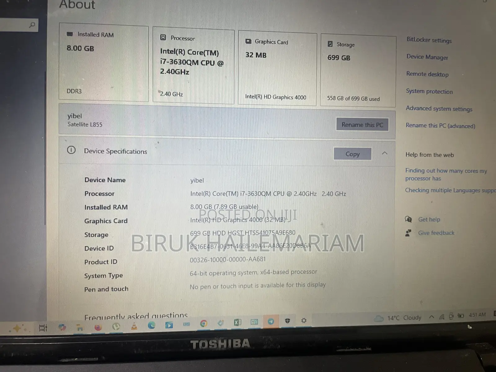 Laptop Toshiba Satellite C55 8GB Intel Core i7 HDD 750GB