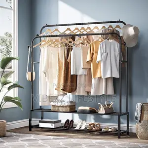 Double Pole Heavy Duty Garment Rack With Shoe Shelves