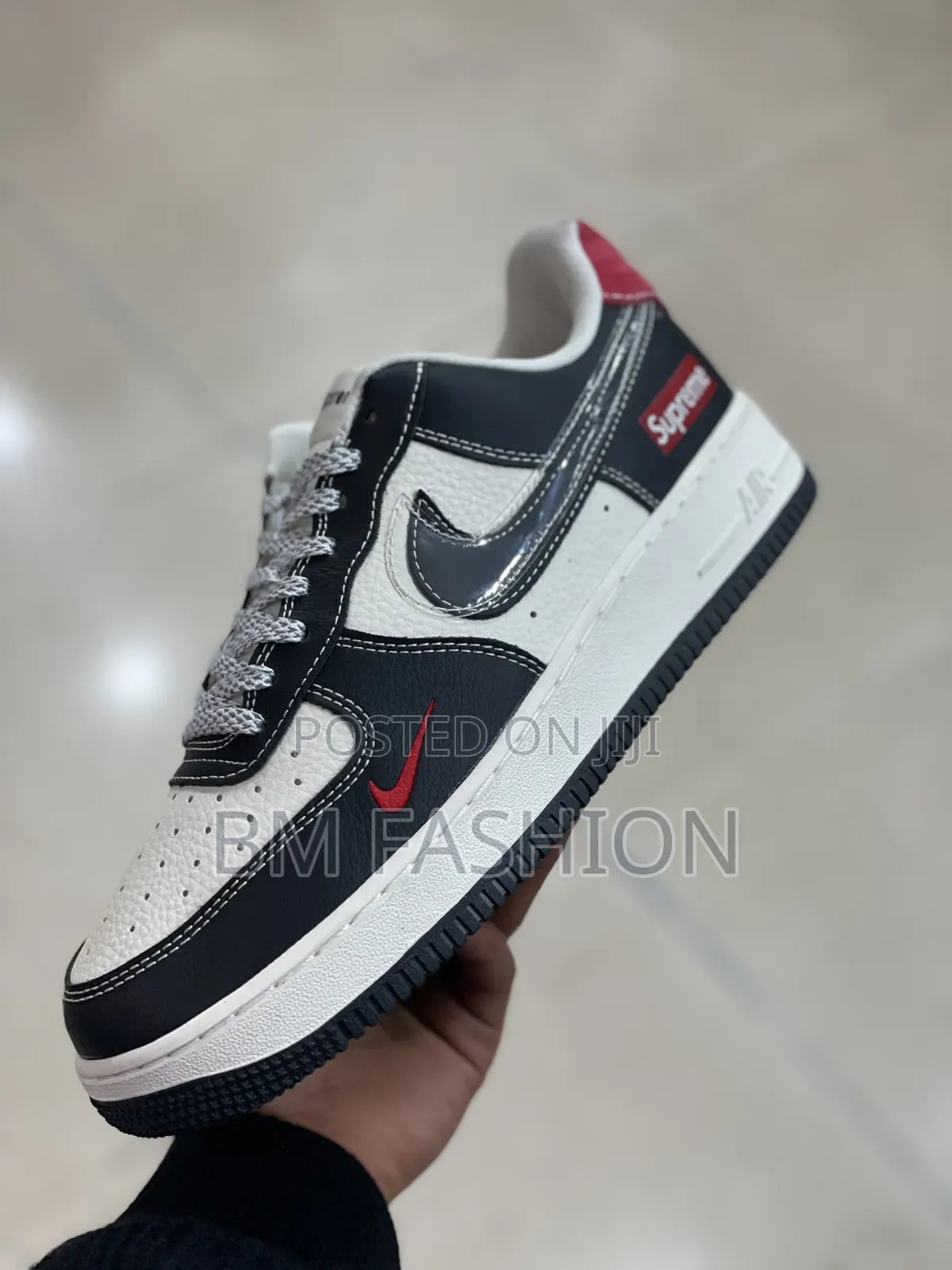 Nike Air Force 1 "Supreme" Style Tumbled White Leather Smooth Black