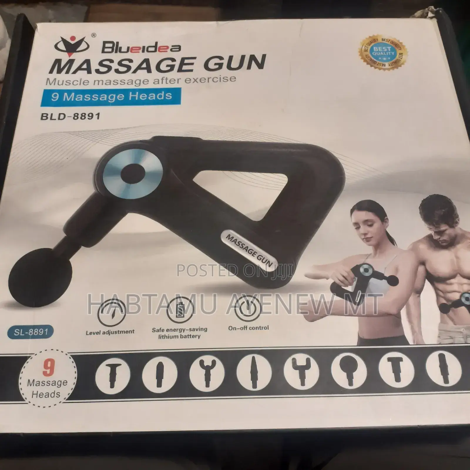 Blueidea Massage Gun ደረጃ 1 ብሉ አይዲያ ማሳጅ ገን 8 በ 1 ኦርጅናል ትልቅ ሀይል ያለው