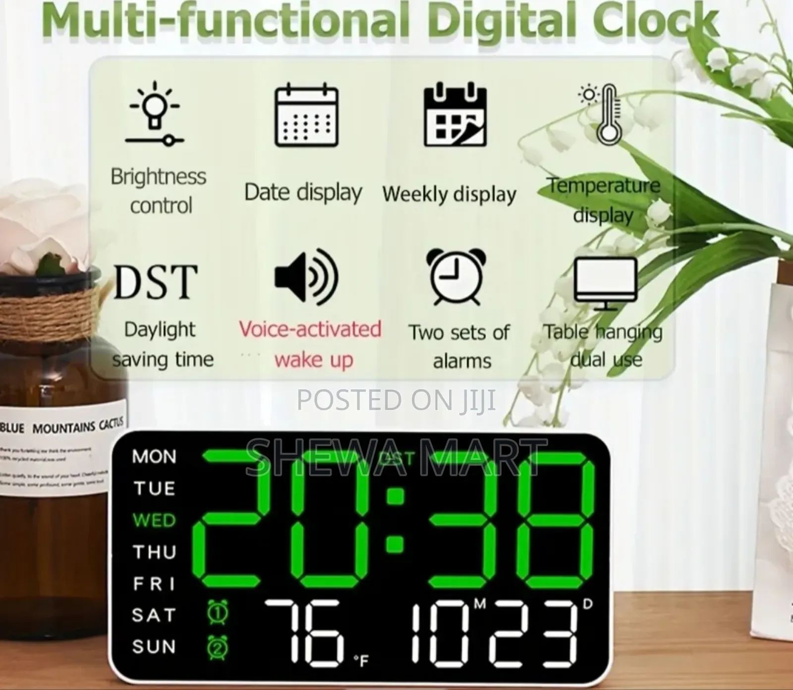 Voice Control Digital Wall Clock With Dual Alarm, Display Temperatur