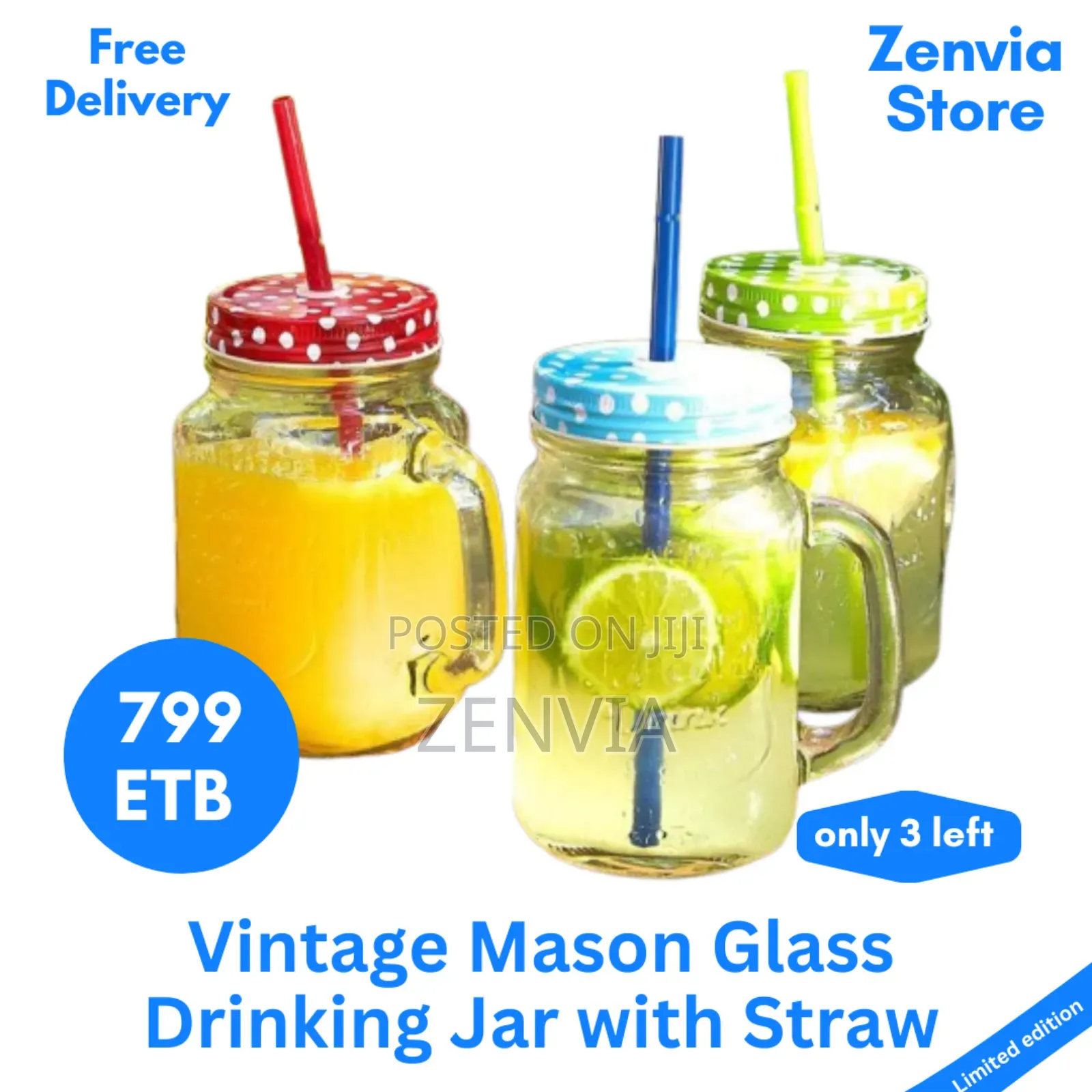 Vintage Mason Glass Drinking Jar With Straw. / Free Delivery/
