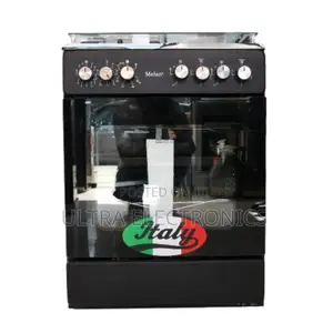 Melan Branded Freestanding Gas Cooker Featuring a Black Finish. 50/50