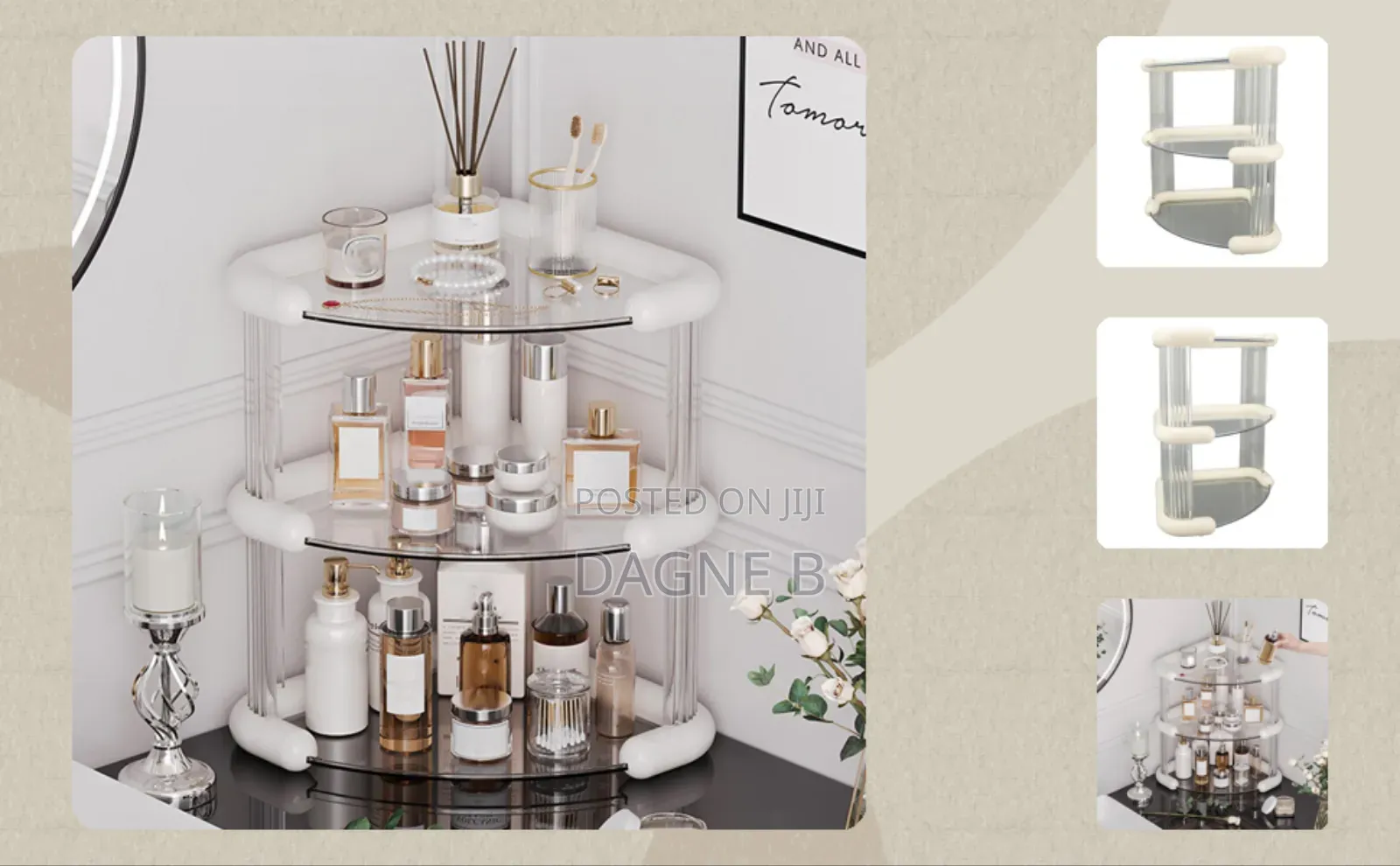 3-Tier Bathroom Corner Cosmetics Organizer የ ቅባት እና ሽቶ መደርደሪያ