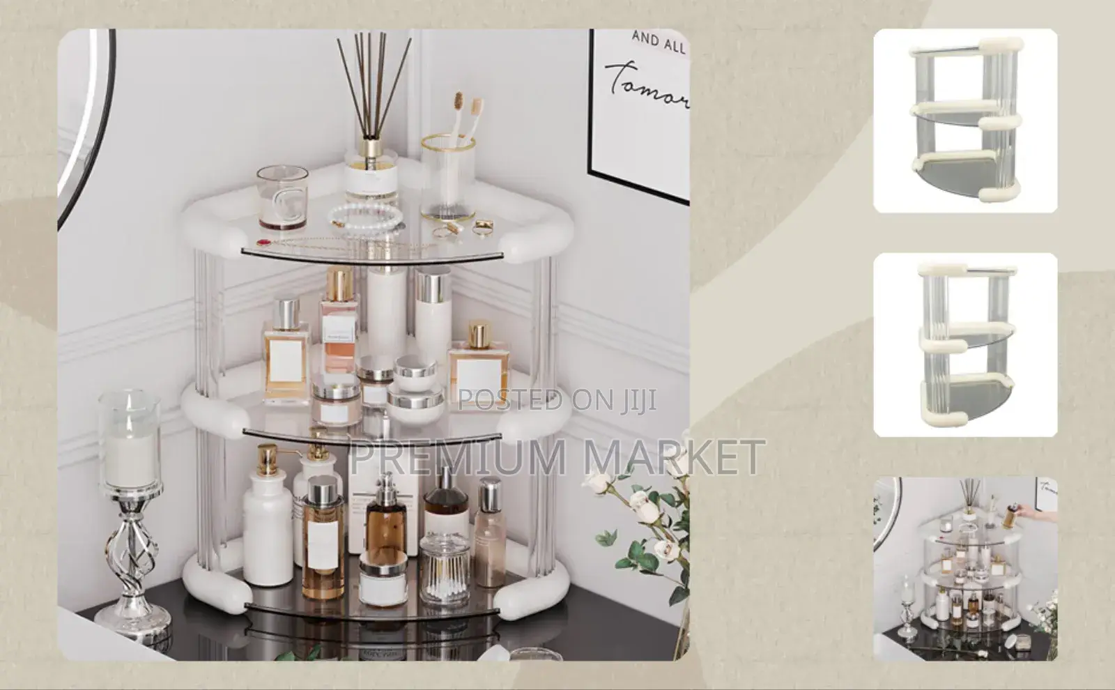 Cosmetics Organizer 3-Tier Bathroom Corner Shelf የ ቅባት እና ሽቶ መደርደሪያ