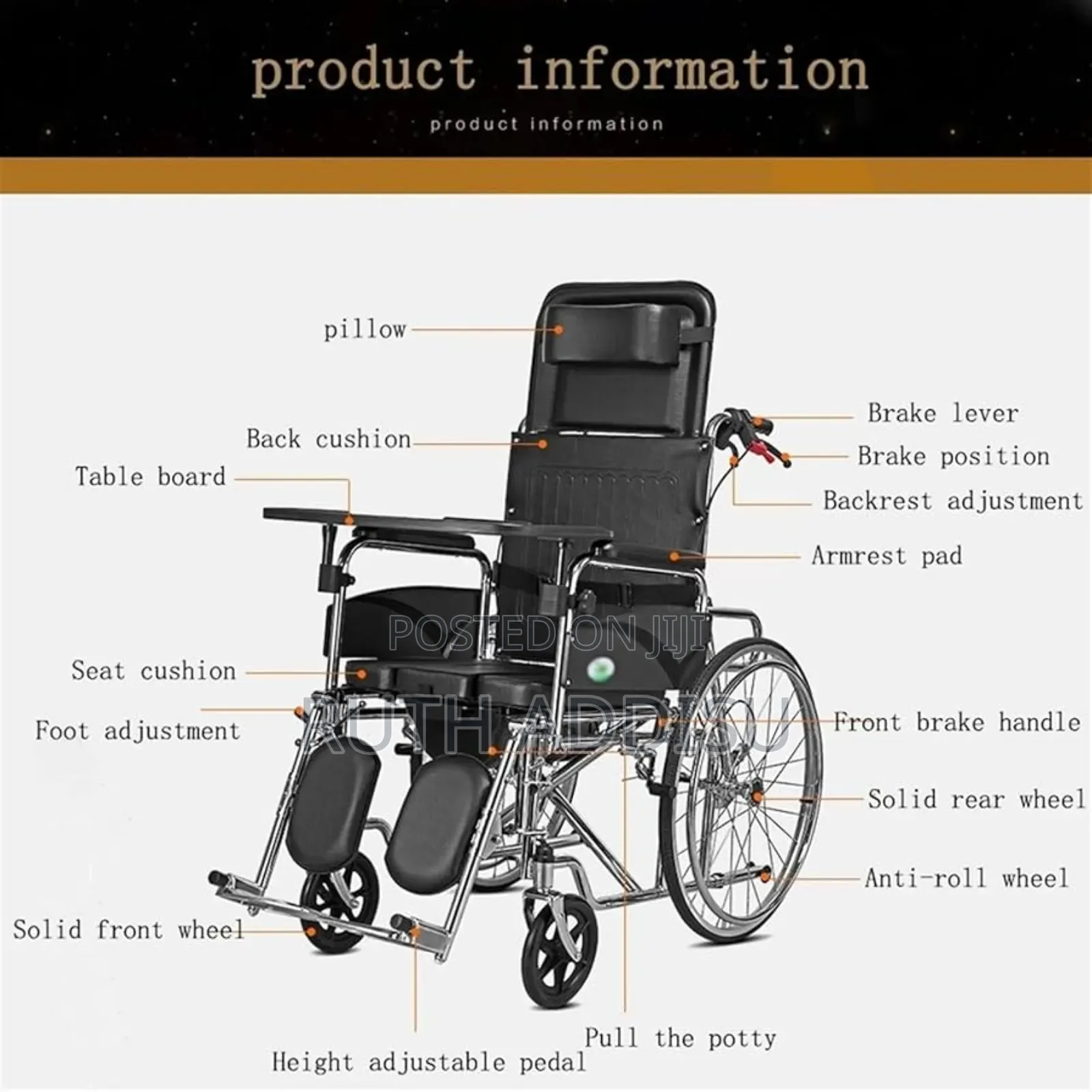 Recliner Wheelchair With U Cut Seat Commode/Toilet Pot