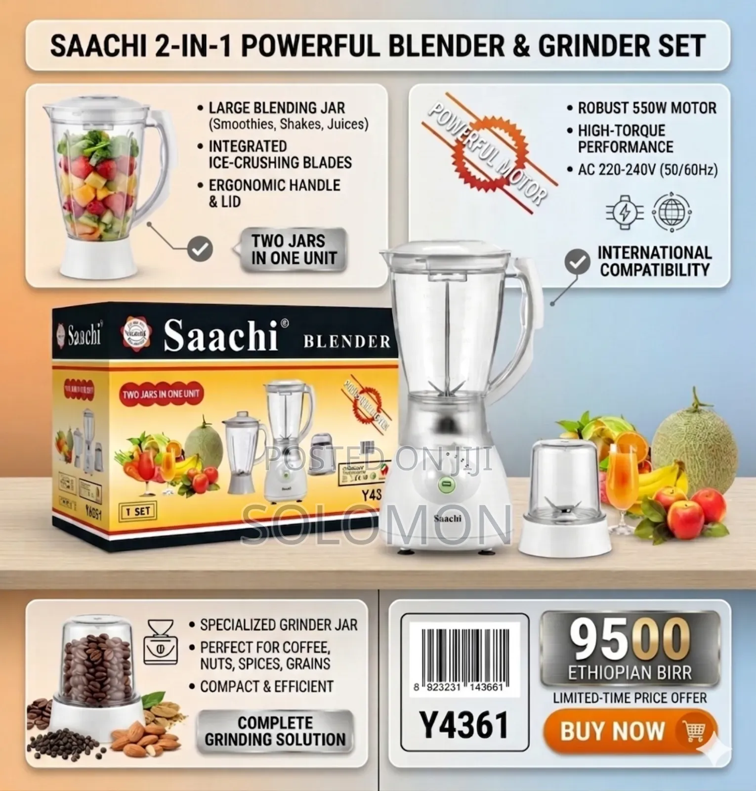 Saachi 2-in-1 Powerful Blender Grinder Set