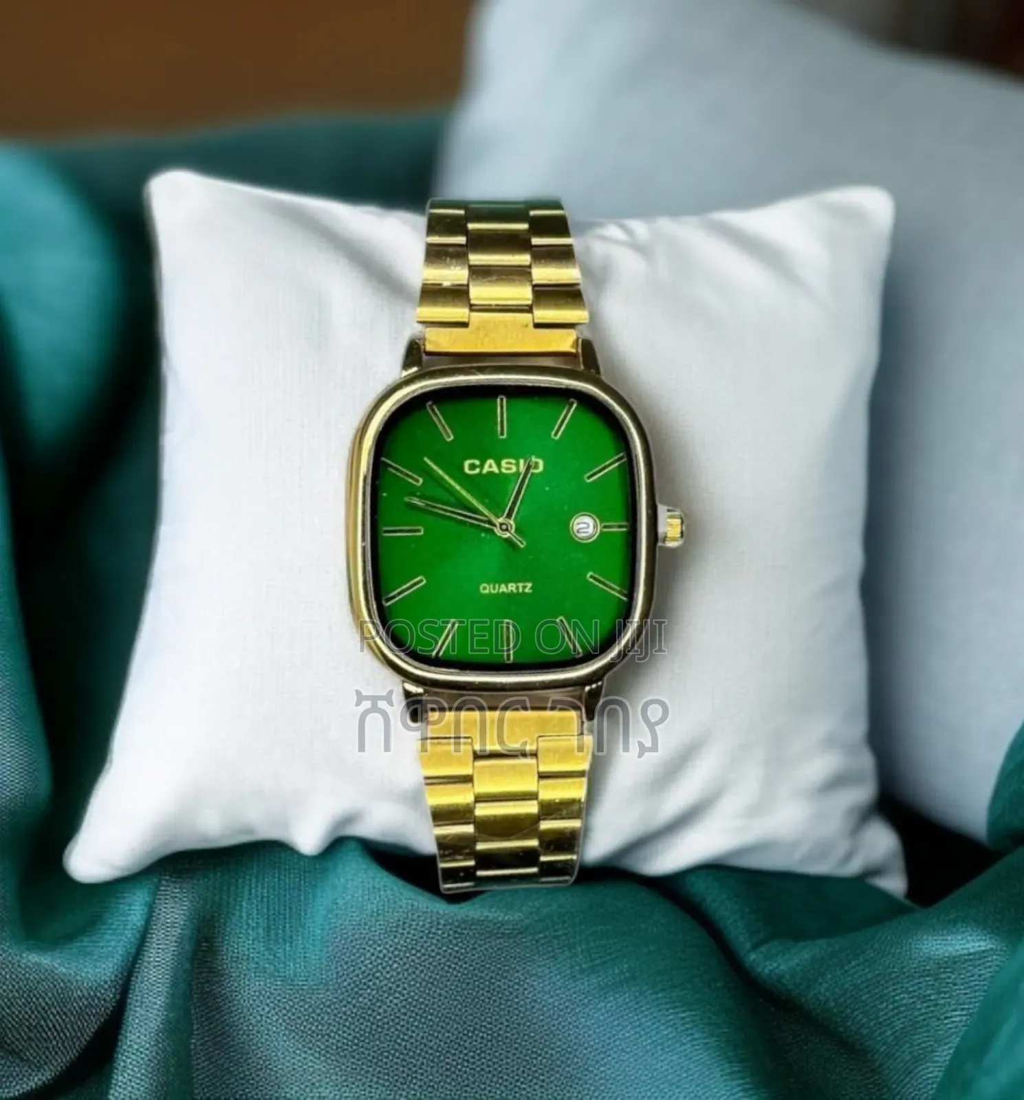 Original Casio Gold Square Watch - Emerald Green Dial Date