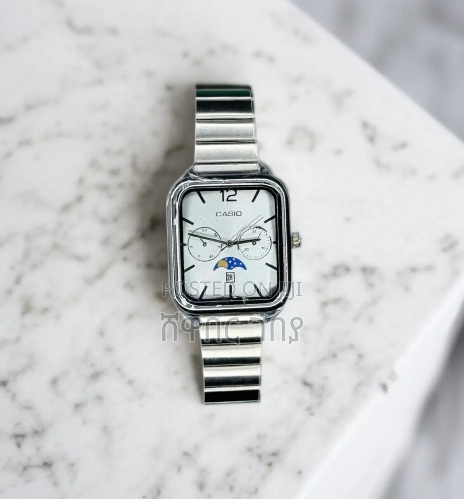 Original Casio Silver Square Watch Moon Phase Day Date Display