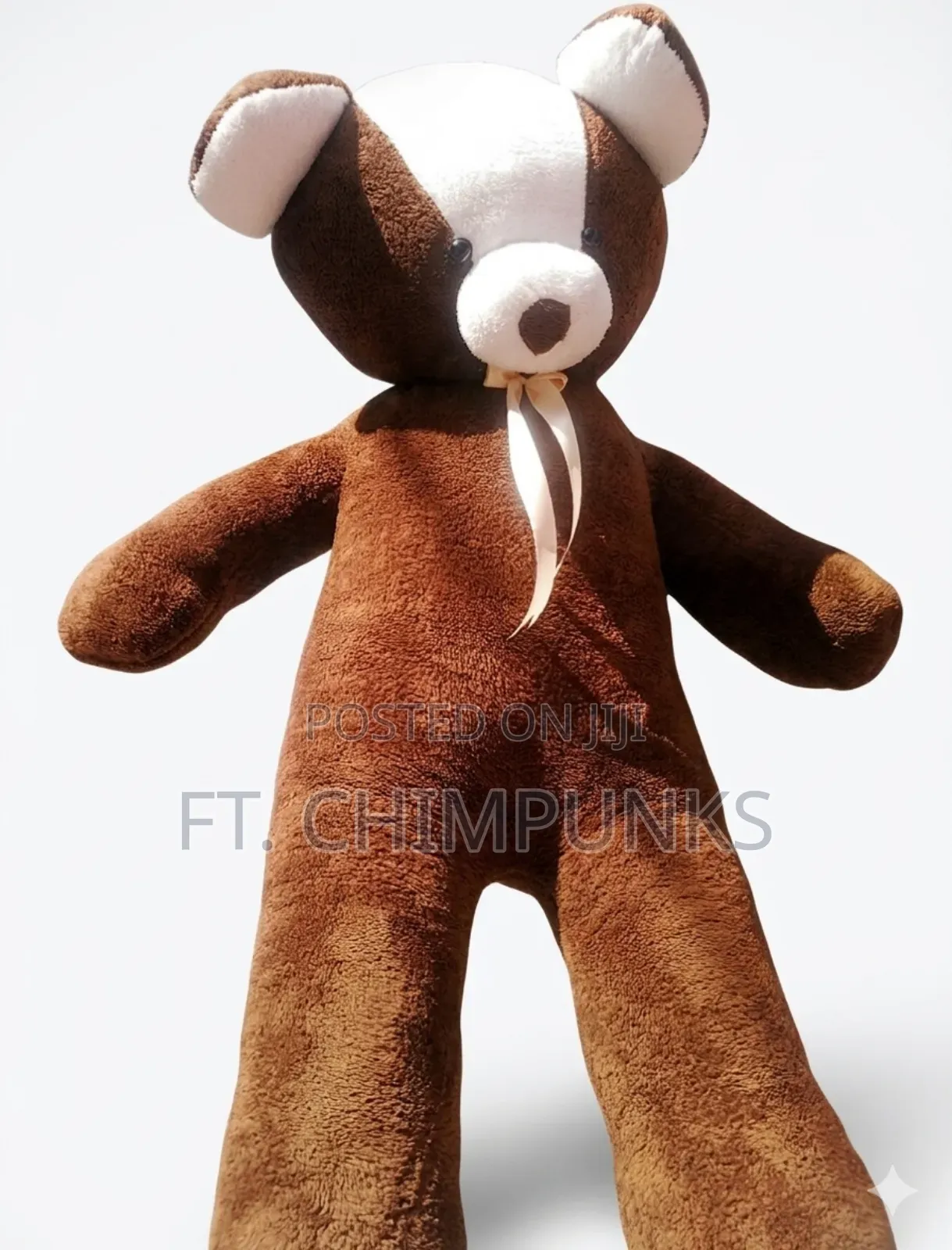 Giant Brown White Cuddly Oversized Stuffed Animal With Satin Bow