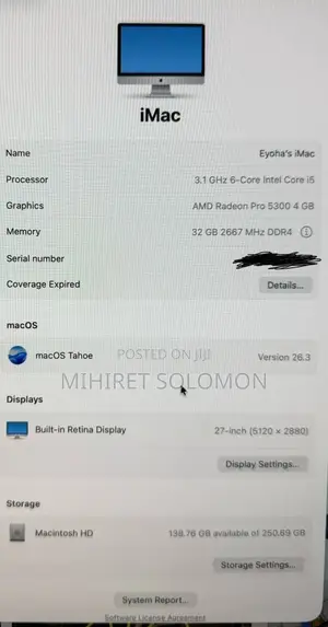 Desktop Computer Apple iMac 8GB Intel Core i5 SSD 256GB