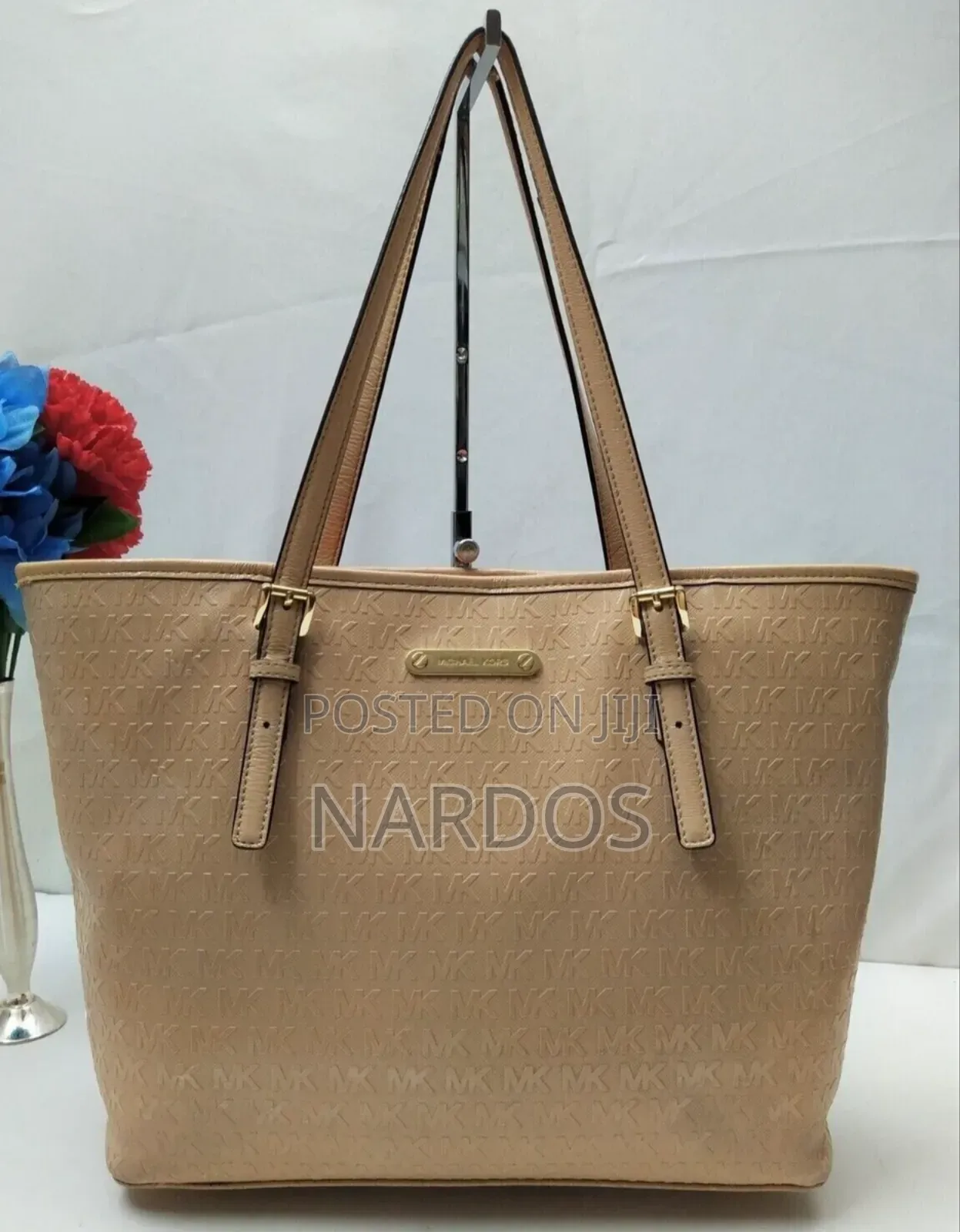 Michael Kors Beige Coated Canvas Leather Trim Mk Printed Tote Bag