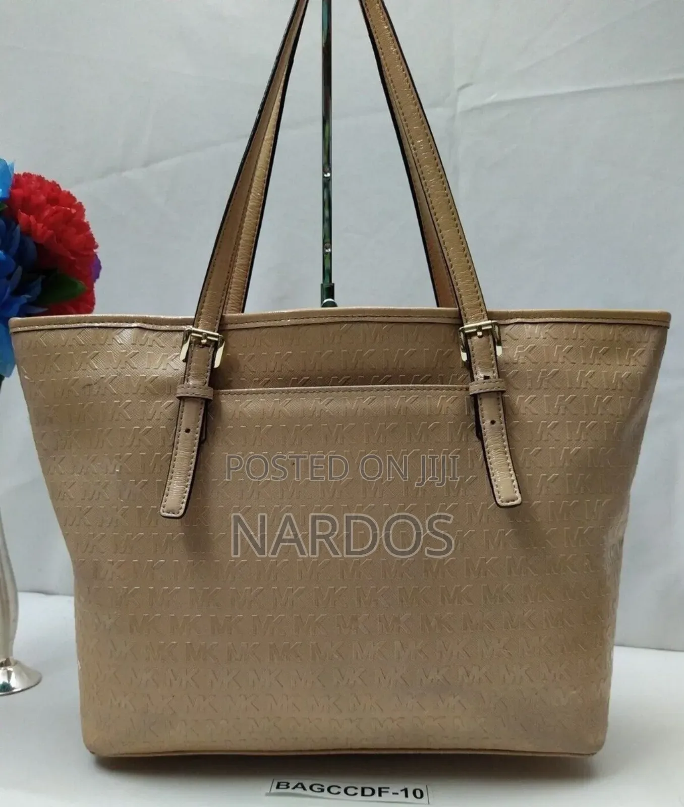 Michael Kors Beige Coated Canvas Leather Trim Mk Printed Tote Bag