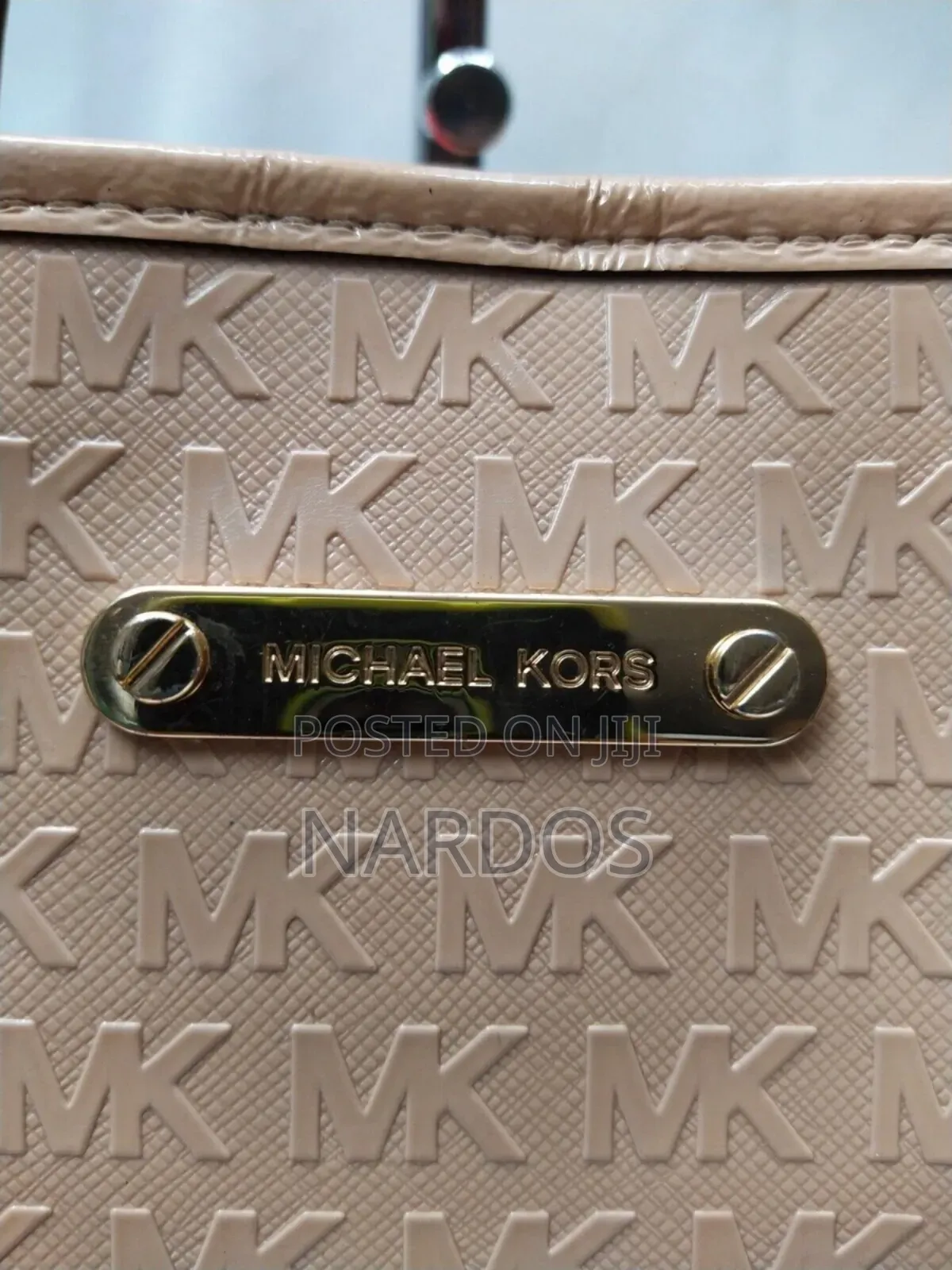 Michael Kors Beige Coated Canvas Leather Trim Mk Printed Tote Bag