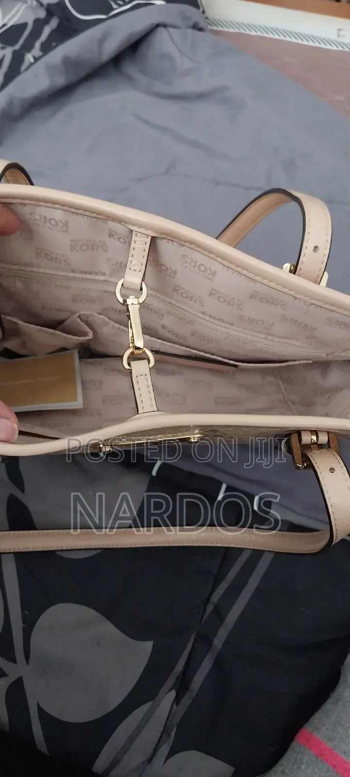 Michael Kors Beige Coated Canvas Leather Trim Mk Printed Tote Bag
