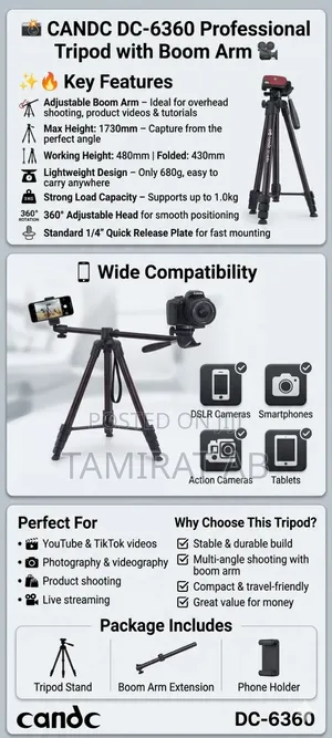 Candc Dc-6360 Professional Tripod With Boom Arm