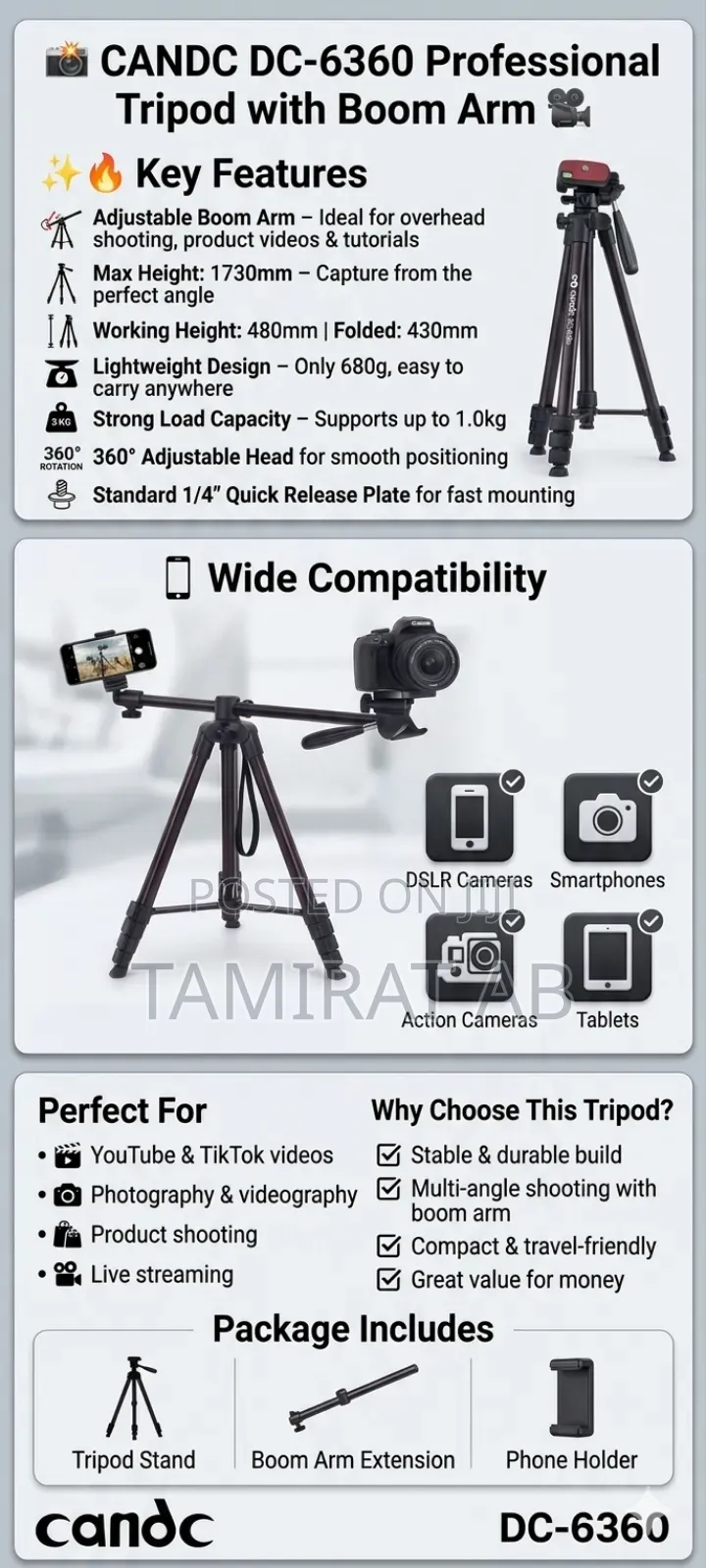 Candc Dc-6360 Professional Tripod With Boom Arm
