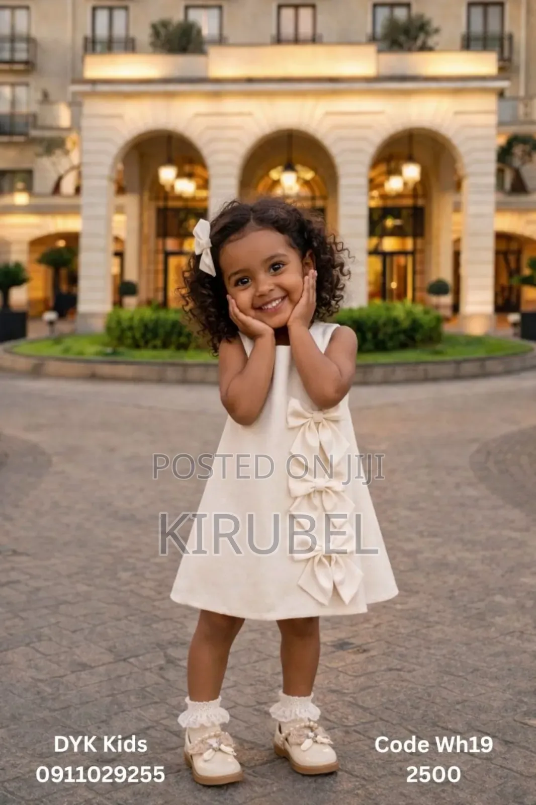 Elegant Cream Girls Dress With Bow Detail