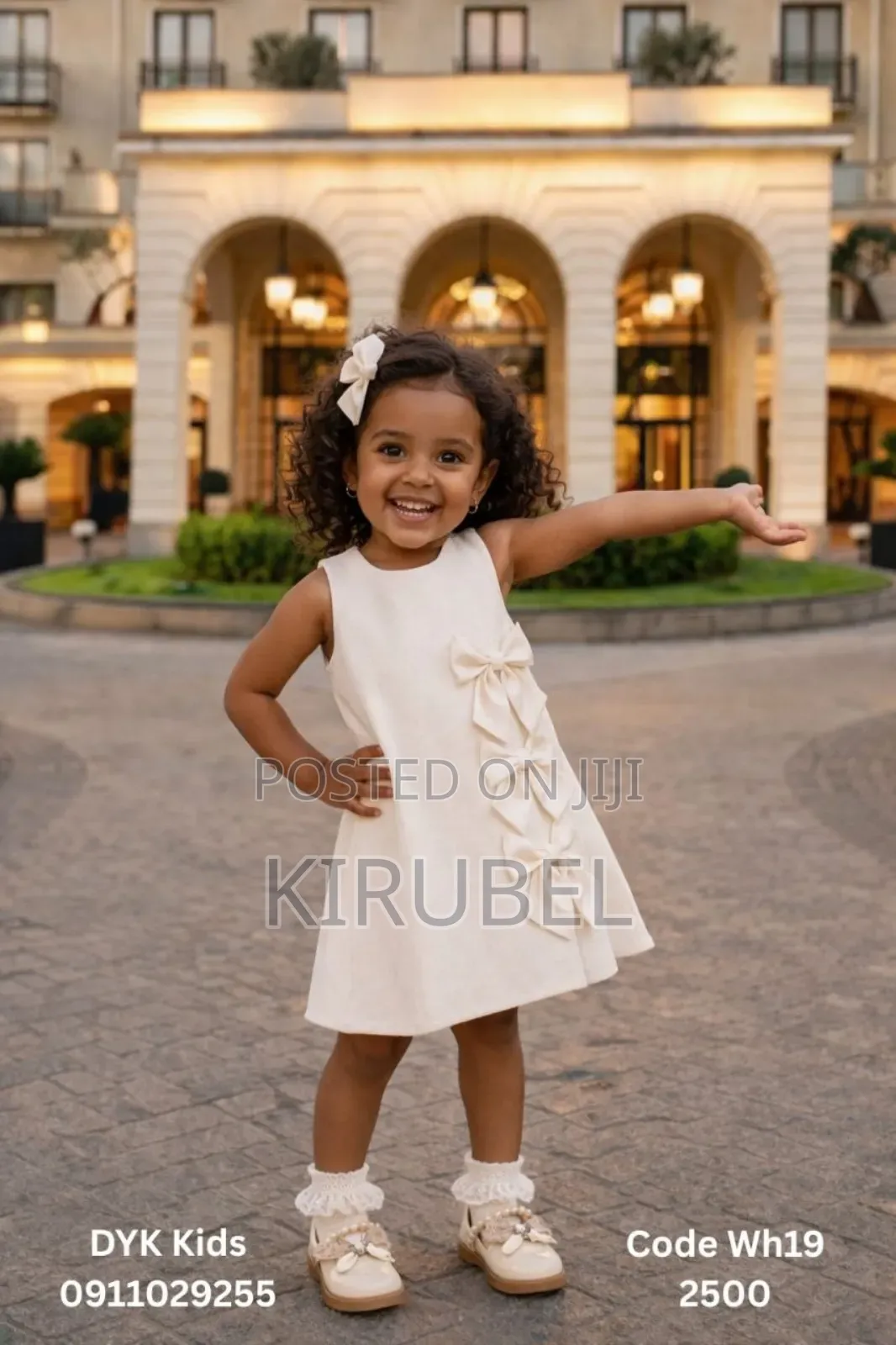 Elegant Cream Girls Dress With Bow Detail