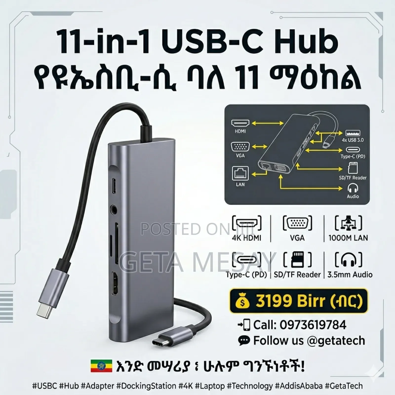 Usb Hub 11-in-1 Vga, Lan, 4 Usb, Sd Card, Hdmi And Type-c Hub