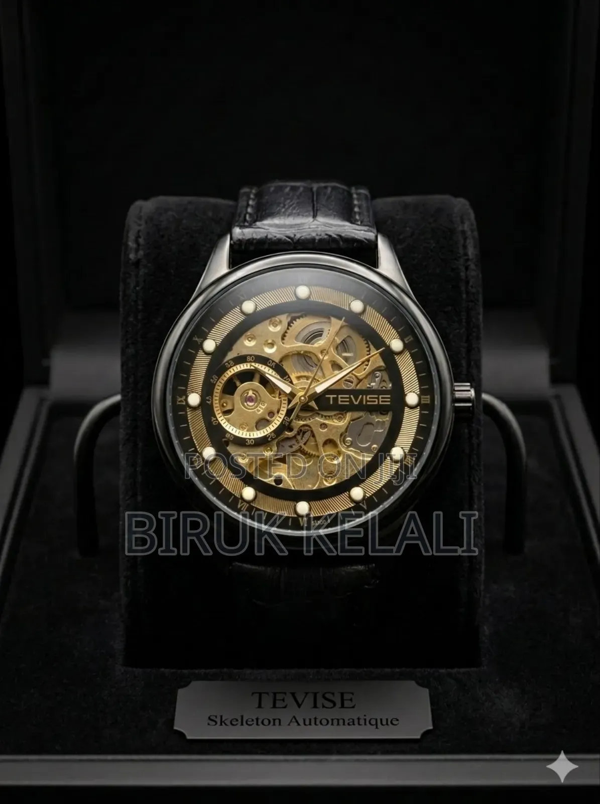 Tevise Black Leather Full Automatic Watch