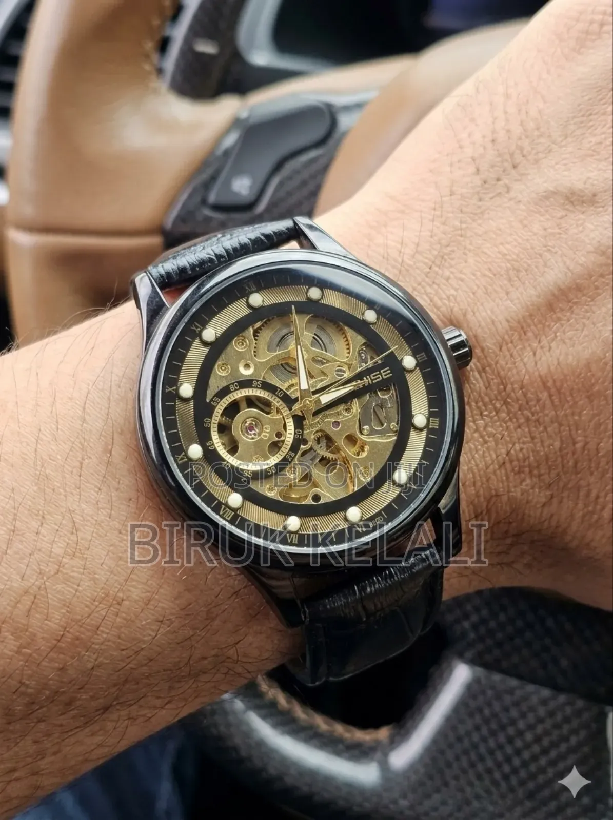 Tevise Black Leather Full Automatic Watch